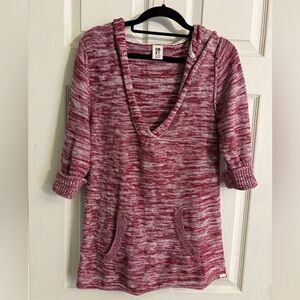 Roxy Red and White Y2K Knit Holiday Sweater with Cuffed Sleeves and Hoodie